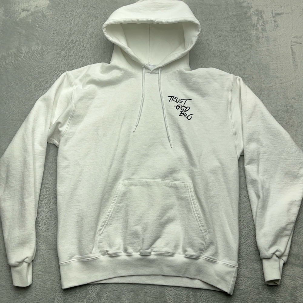 Champion Trust God Bro Hoodie Mens Large White Graphic Authentic Athleticwear